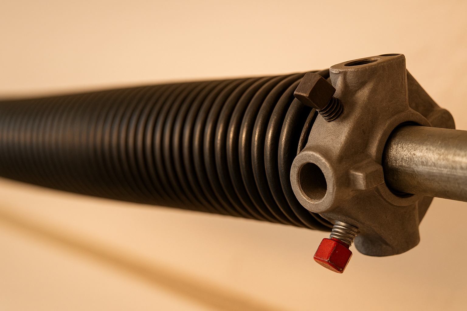 Close-up of a gloved auto mechanic's hand working with a spring in a workshop.