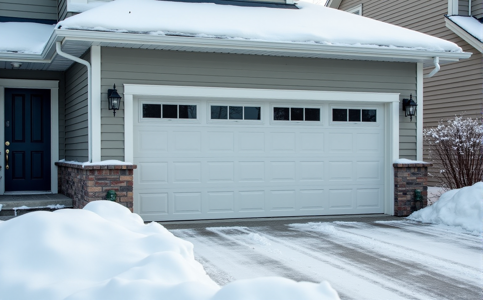 Snowy garage entrance featuring a Castrol sign and shovel.