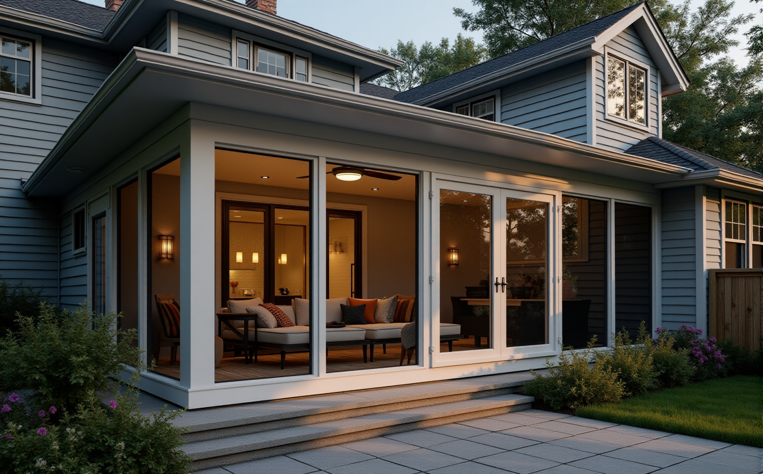 An inviting enclosed porch with cozy furniture overlooking lush greenery on a sunny day.