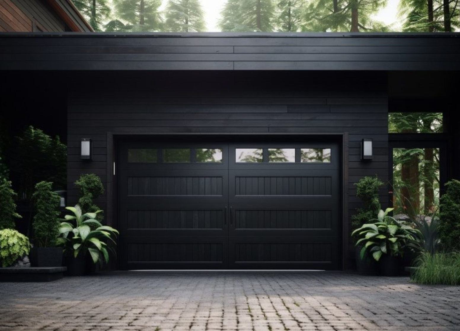 A monochrome urban exterior with two closed garage doors and a concrete wall.
